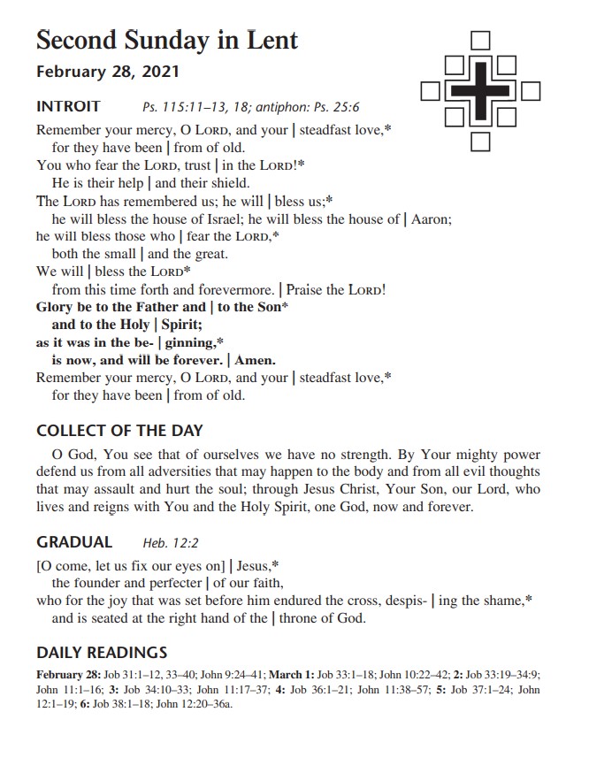 2nd Sunday in Lent February 28 2021 West Kootenay Lutheran Churches